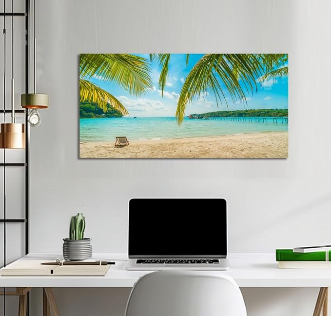 Beach Wall Art Decor Tropical Ocean Canvas Picture for Living Room Blue Seascape Painting for Bedroom Coastal Theme Landscape for Home Office Decorations Ready to Hang(20"*40")