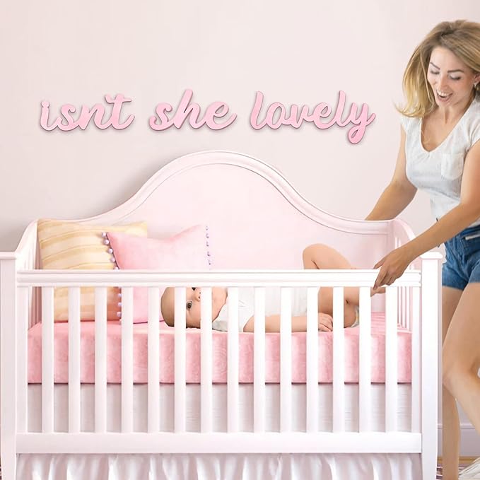 AOCEAN Wood Sign Boho Decor Isn’t She Lovely Wall Art Bedroom Baby Girl Princess Room Nursery Shelf Home Decoration (Pink)