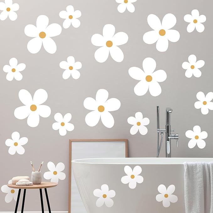 TaoBary 12 Sheet Daisy Wall Sticker Decal Removable Cute Daisy Bedroom Room Decor Flower Wall Sticker Pink White Flower Decal Wallpaper Peel and Stick for Nursery Home(White, Yellow,Stylish Style)
