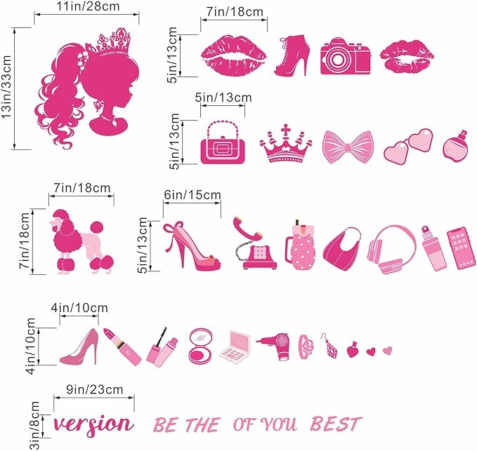 Princess Wall Stickers for Girls Bedroom: Pink Doll Fashion Wall Decals - Kids Baby Girls Room Nursery Daycare Wall Decor