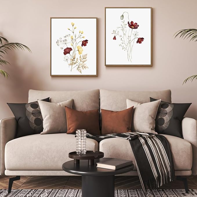 Watercolor Botanical Wall Art Prints Burgundy and Yellow Flower Pictures Wall Decor Colorful Floral Plants Painting Framed Aesthetic Poster for Home Office Kitchen Decoration 2 Pieces Set - 11x14 Inch