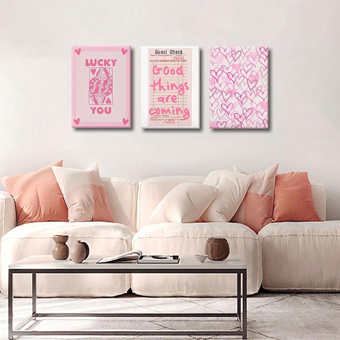 Djmwtb Trendy Preppy Canvas Wall Art Framed 3 Pcs Pink Lucky You Poster Prints Queen of Hearts Poker Aesthetic Pictures Retro Guest Check Decor Painting for Living Room Bedroom Bathroom 16"x24"x3