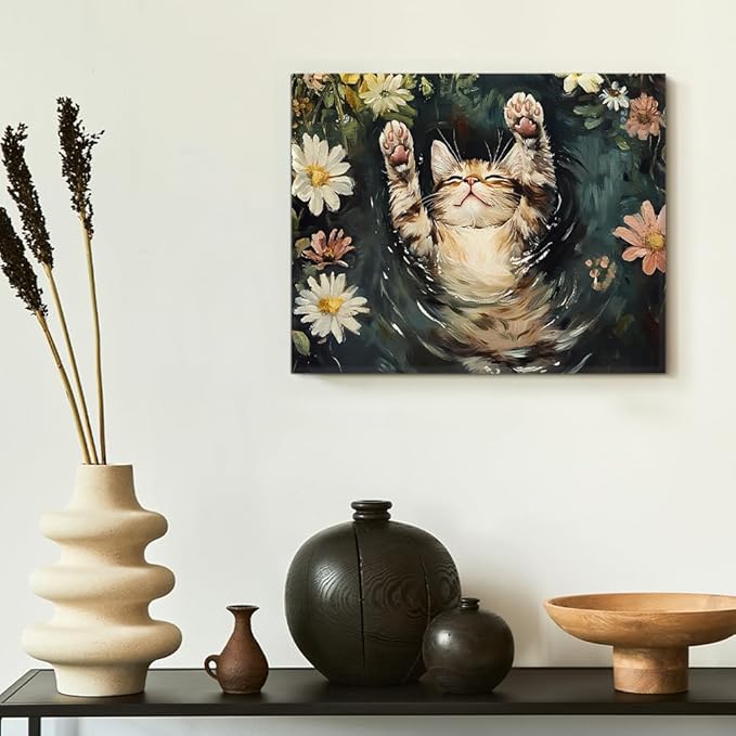 Aesthetic Sleeping Cat Wall Art Decor Cat on Lily Pond Cute Canvas Print Poster Framed Painting for Home Living Room Bedroom Wall Decor 8x10 Inch