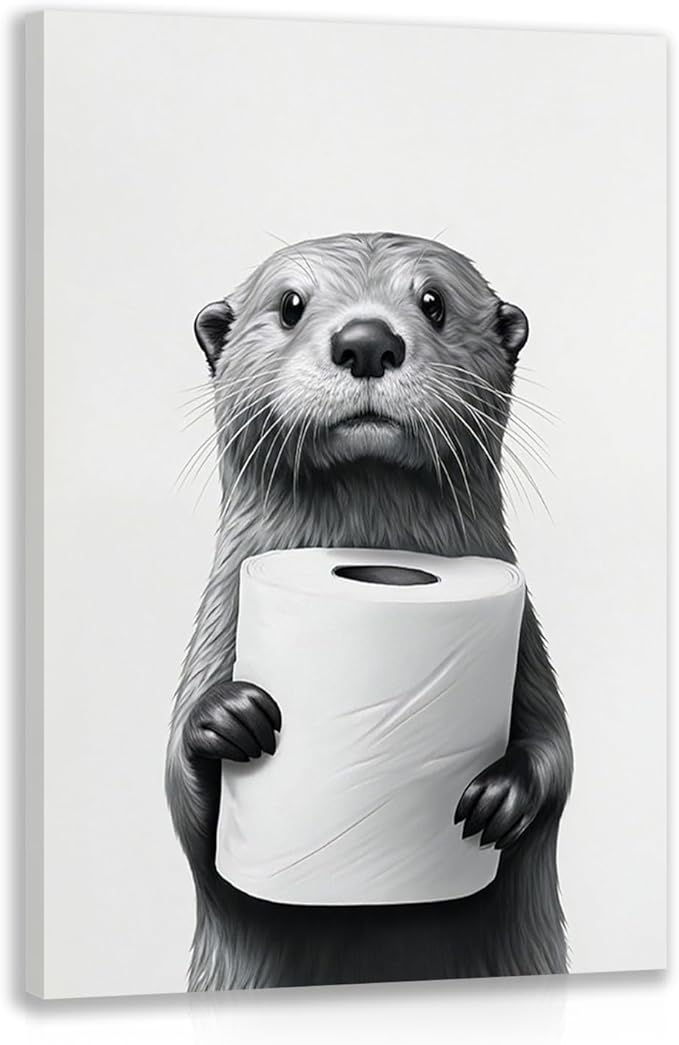 IAFWZX Framed Funny Bathroom Wall Art, Black and White Otter Holding Toilet Paper Wall Decor, Cute Animal Wrapped Canvas Painting, Humor Otter Poster Print for Restroom Guest Bedroom 12"x16"