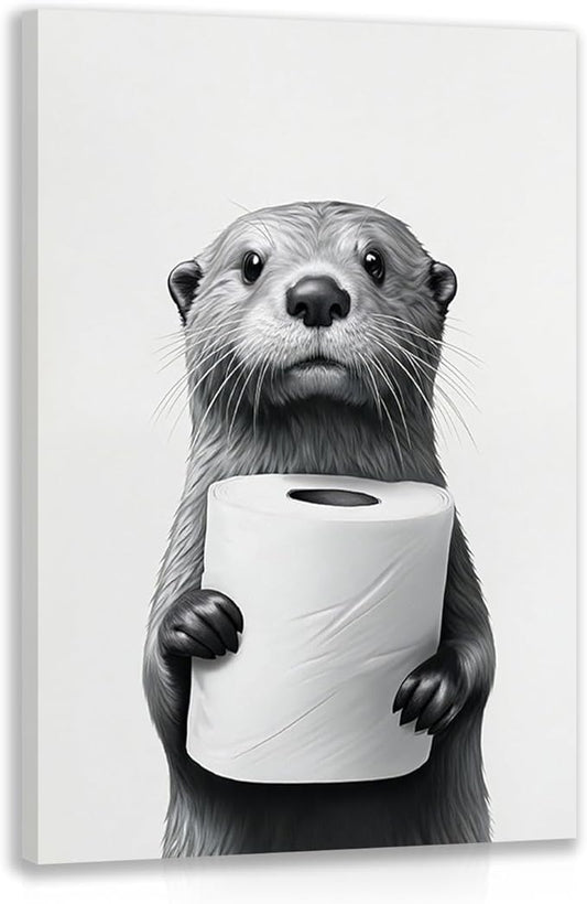 IAFWZX Framed Funny Bathroom Wall Art, Black and White Otter Holding Toilet Paper Wall Decor, Cute Animal Wrapped Canvas Painting, Humor Otter Poster Print for Restroom Guest Bedroom 12"x16"