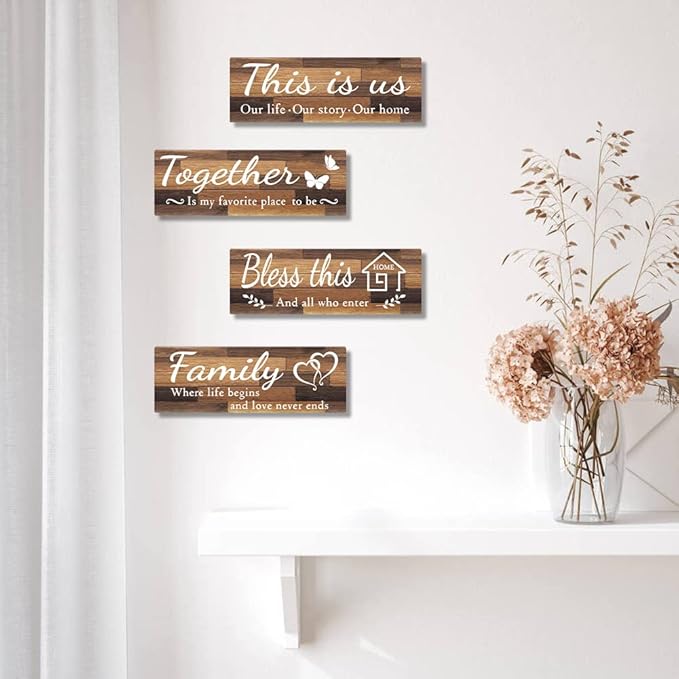 4 PCS Home Wall Decor Signs, IDATOO Rustic Wooden Living Room Hanging Decorations with Quotes THIS IS US/TOGETHER/BLESS THIS/FAMILY, Housewarming Gifts for Wedding Kitchen (Brown, 15 x 5.1 inch)