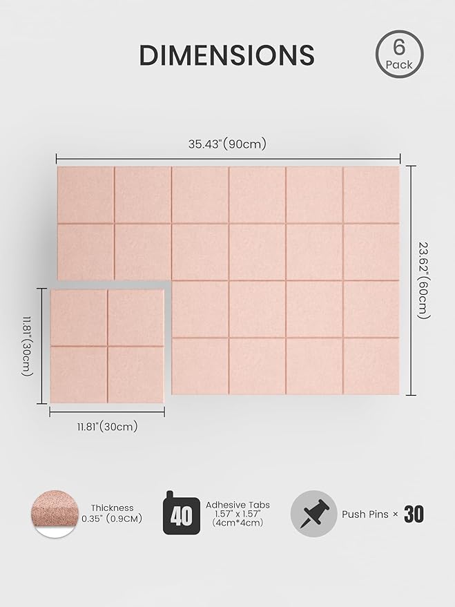 Bumusty Large Felt Bulletin Board, 36" x 24" Cork Board Alternative, 6-Pack Wall Tiles with 4-Compartment Design, 30 Push Pins, 40 Adhesive Tabs, Ideal for Office & Home Decor, Pink