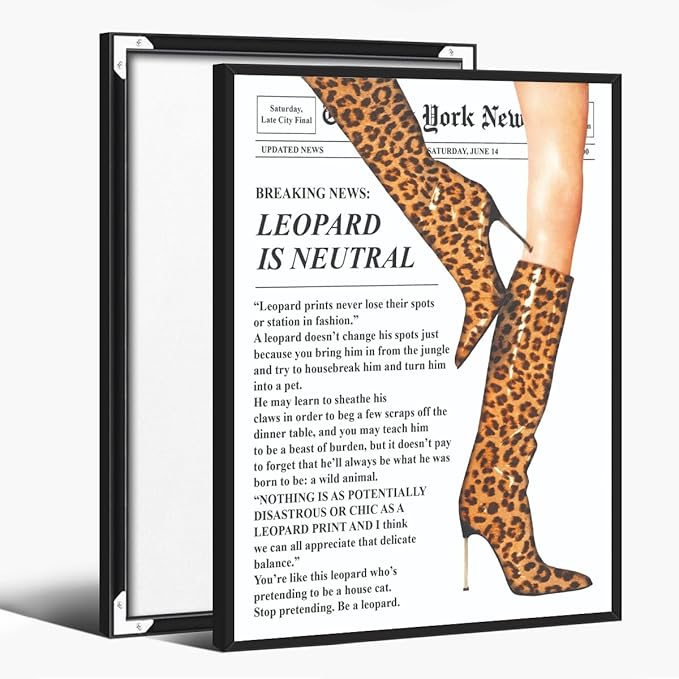 Trendy Newspaper Posters Vintage Leopard Boots Poster Feminist Canvas Prints Retro Fashion Bar Cart Magazine Cover Wall Art for Hot Girl Preppy Y2k Aesthetic Room Home Decor 12x16inch black framed