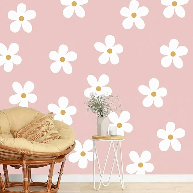 TaoBary 12 Sheet Daisy Wall Sticker Decal Removable Cute Daisy Bedroom Room Decor Flower Wall Sticker Pink White Flower Decal Wallpaper Peel and Stick for Nursery Home(White, Yellow,Charming Style)