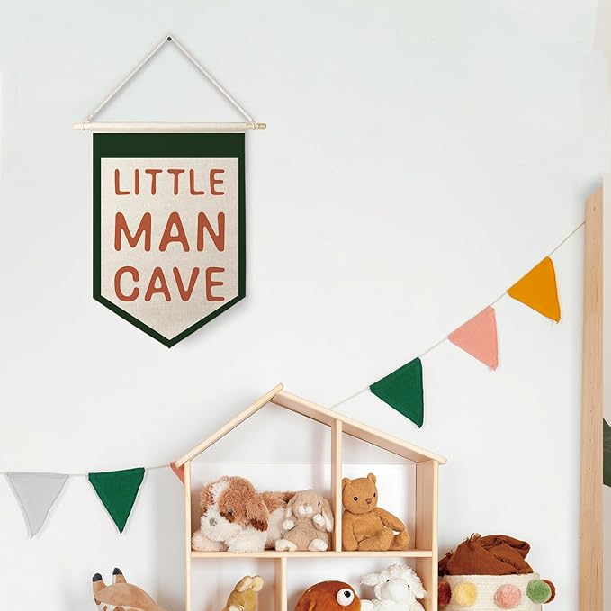 Qpenm Little Man Cave Hanging Wall Canvas Banner,Kids Room Hanging Pennant Flag Prints,Nursery Hanging Wall Canvas Banner,Nursery Wall Art Decor,Baby Boy Nursery Decor