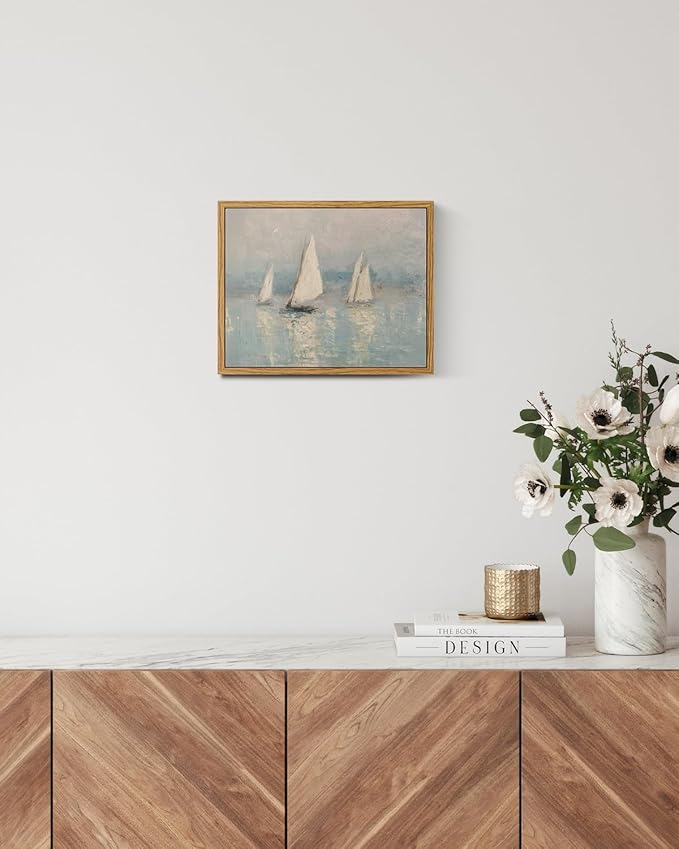 InSimSea Framed Canvas Wall Art, Vintage Sailboats Art for Living Room Hallway Shelf, 10x8in,Impressionist Coastal landscape Watercolor Painting, Rustic Cozy Mid Century Small Seaside Nature Decor