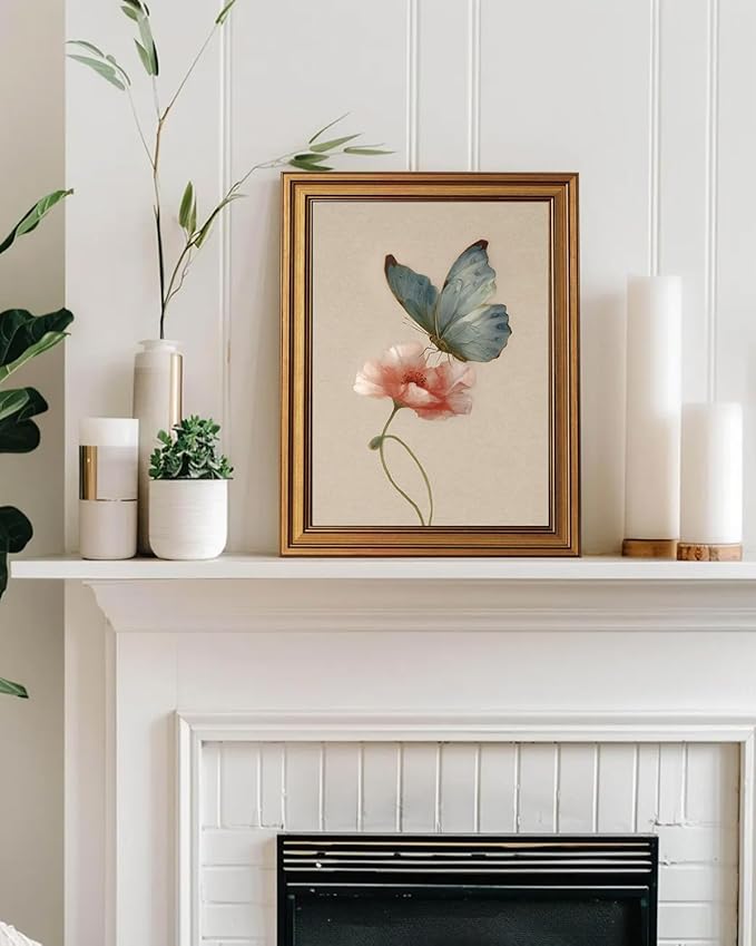 InSimSea Gold Framed Canvas Prints Wall Art, Vintage Butterfly Decor, Cherry Blossom Paintings Farmhouse Spring Wall Decor, Antique Pictures for Nursery Bedroom Living Room Shelf, 12x16inch