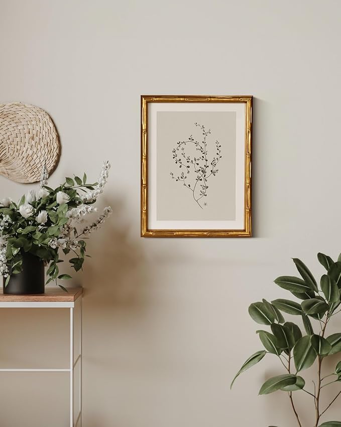 InSimSea Gold Bamboo Framed Canvas Wall Art, Minimalist Floral Botanical Paintings, Antique Vintage Picture Frame with Mat, Victorian Home Wall Decor for Living Room Bedroom Gallery, 11x14inch