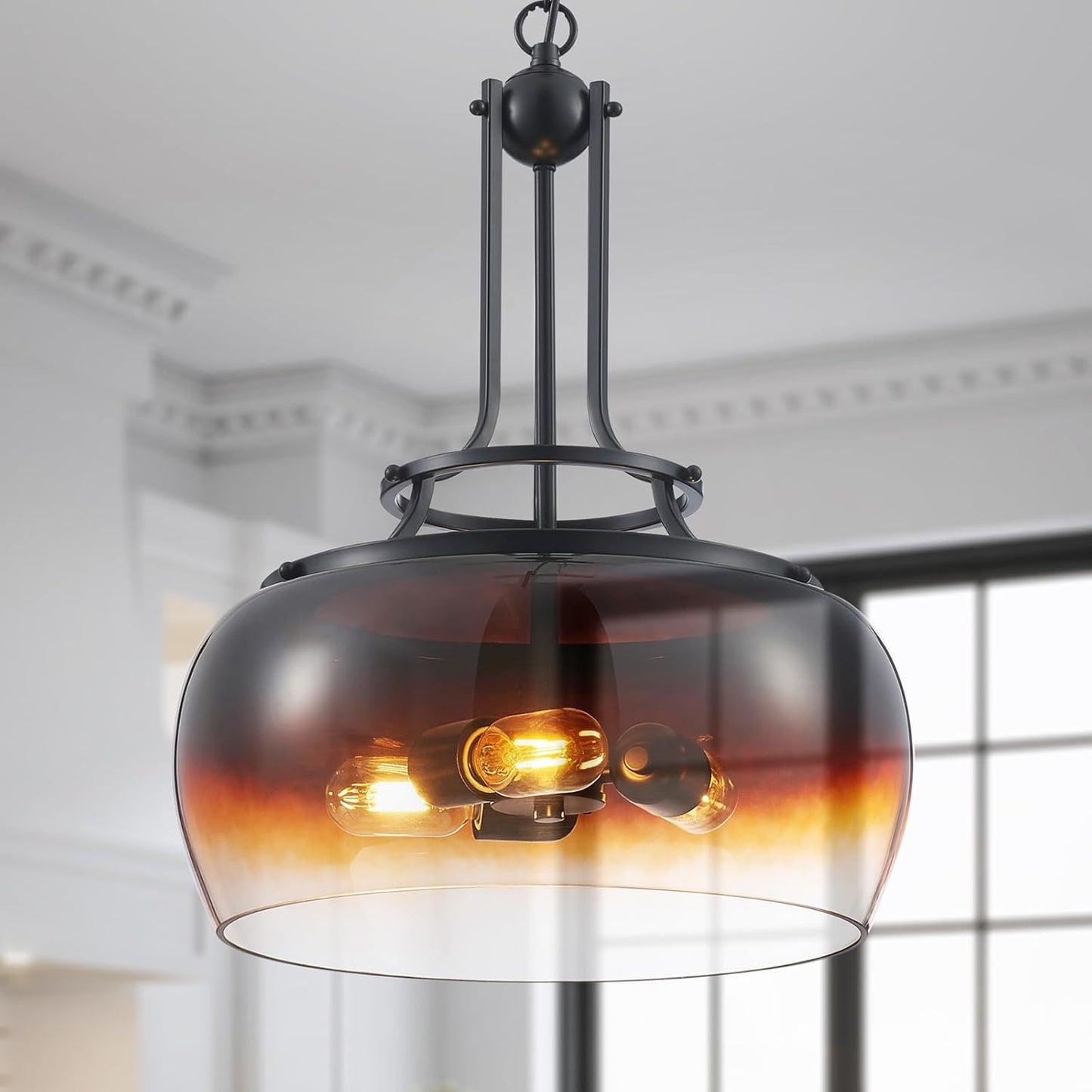 WUZUPS Chandelier Rustic Farmhouse Industrial Round Ceiling Pendant LED Light Fixture with Amber Gradient Black Glass Shade for Dining Room Kitchen Island Foyer Entryway, H 20.9" W 15.9", E26 Base