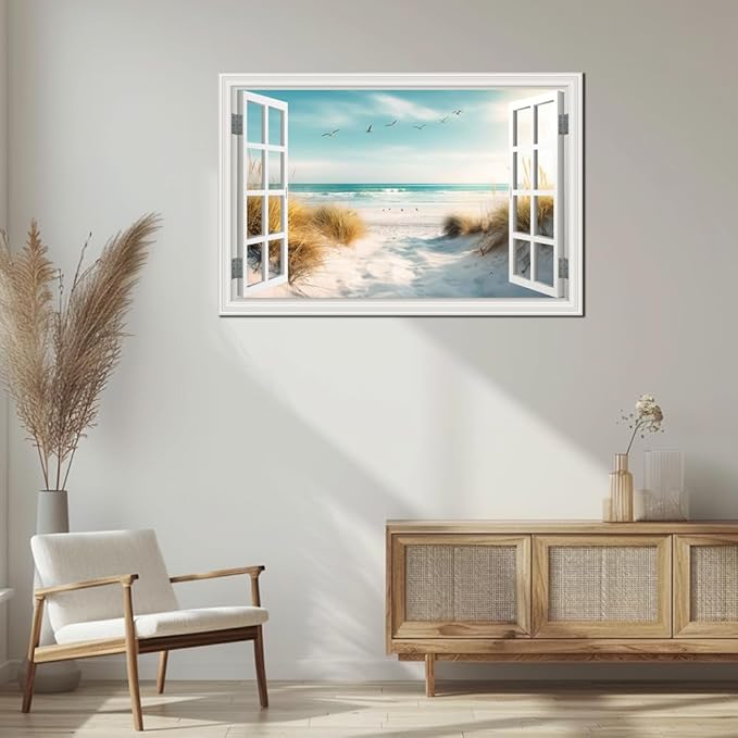 CHUSHU ART Beach Canvas Wall Decor Ocean Pictures Prints for Living Room White Window Style Path Painting Coastal Seascape Artwork Reeds Landscape for Bedroom Home Office Decorations(24"*36")