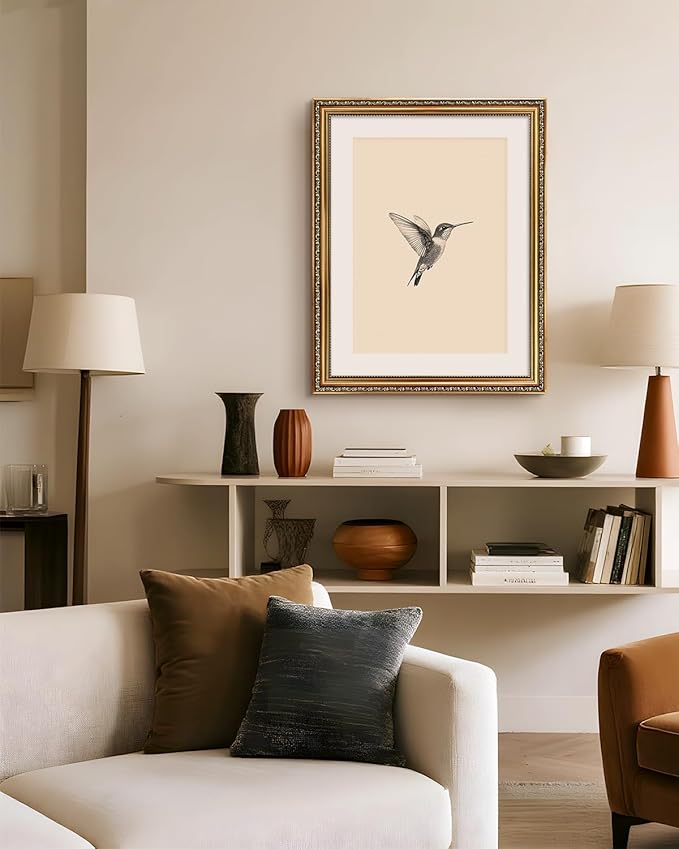 VIYYIEA Gold Framed Elegant Hummingbird Sketch Canvas Wall Art, Vintage Nature Illustration, Minimalist Cream Background Decor | No-Glass Design, Lightweight Anti-Glare Construction | 16x20 Inch