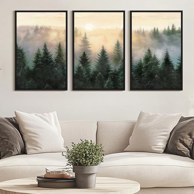 Drsoum Green Fog Pine Tree Landscape Wall Art Framed Nature Misty Nordic Forests Prints Morden Farmhouse Rustic Artwork Hallway Bedroom Ready to Hang 24x36in Black Framed