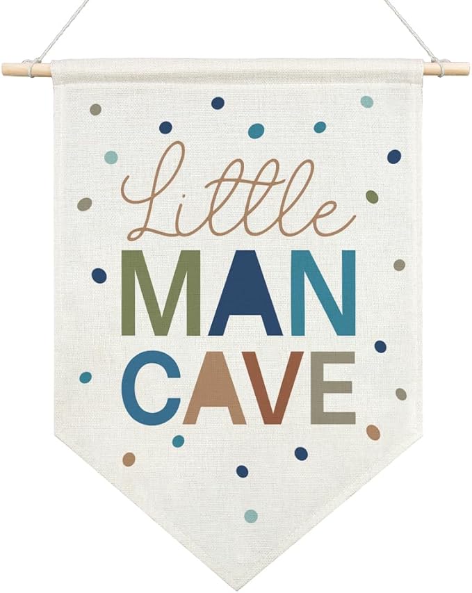 AGMDESIGN Little Man Cave Canvas Hanging Pennant Flag Banner, Teen Kids Boys Room Decor, Toddler Room Flag, Kids Rooms Playroom Boy Nursery Canvas Decor, Rooms Gifts for Men, Nursery Wall Art