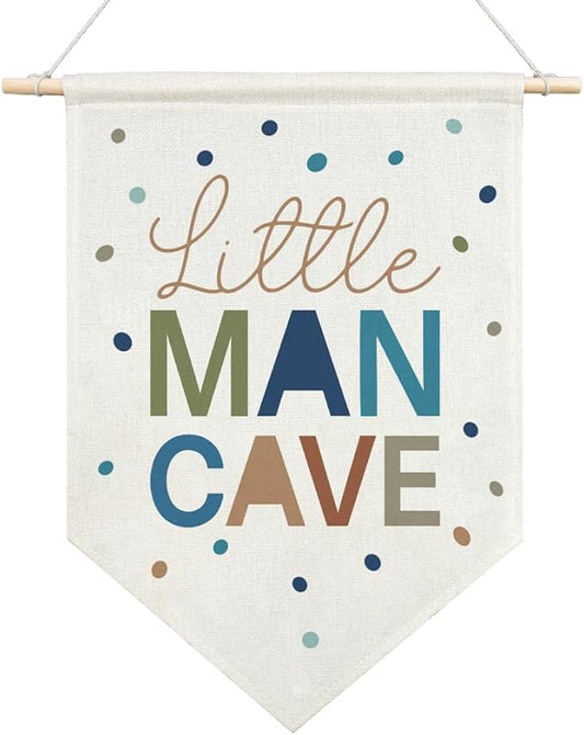 AGMDESIGN Little Man Cave Canvas Hanging Pennant Flag Banner, Teen Kids Boys Room Decor, Toddler Room Flag, Kids Rooms Playroom Boy Nursery Canvas Decor, Rooms Gifts for Men, Nursery Wall Art