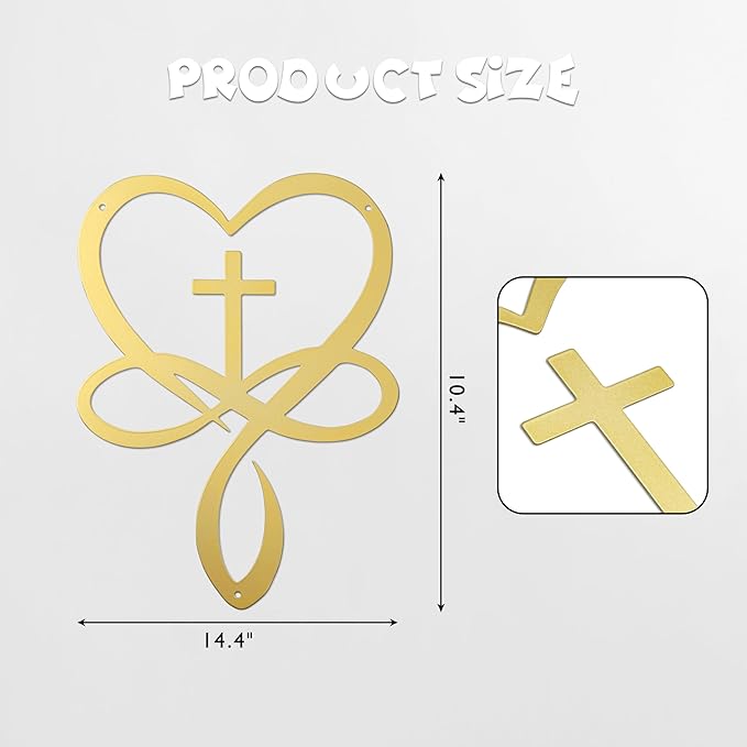 Natrlart Metal Infinity Heart Cross Wall Decor, Unique Cross Decorative Wall Art, Heart And Love Sign Wall Plaques, Love Gift For Adult Home Wedding, Decor Room Bedroom Living Room Decoration（Gold