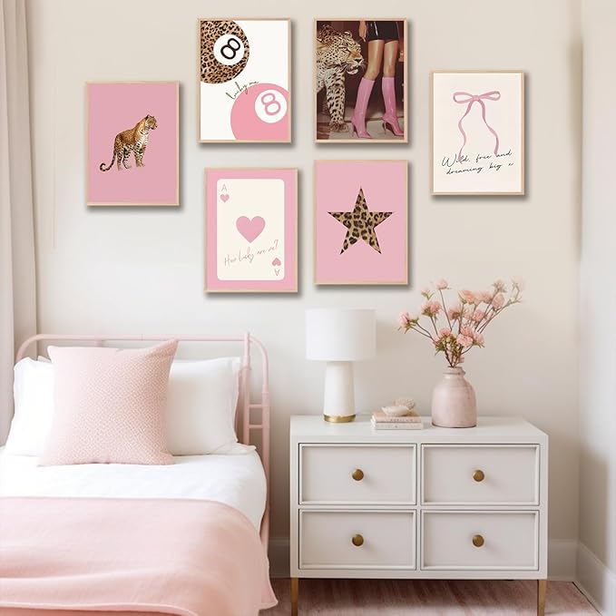 6Pcs Trendy Pink Leopard Wall Art Preppy Leopard Posters Prints Funky Coquette Cheetah Wall Decor with Lucky 8 Ball Bow Artwork for Girls Bedroom Apartment Dorm 12x16Inch 6Pcs Unframed
