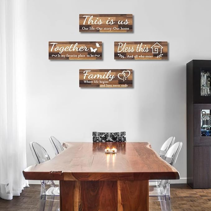 4 PCS Home Wall Decor Signs, IDATOO Rustic Wooden Living Room Hanging Decorations with Quotes THIS IS US/TOGETHER/BLESS THIS/FAMILY, Housewarming Gifts for Wedding Kitchen (Brown, 15 x 5.1 inch)