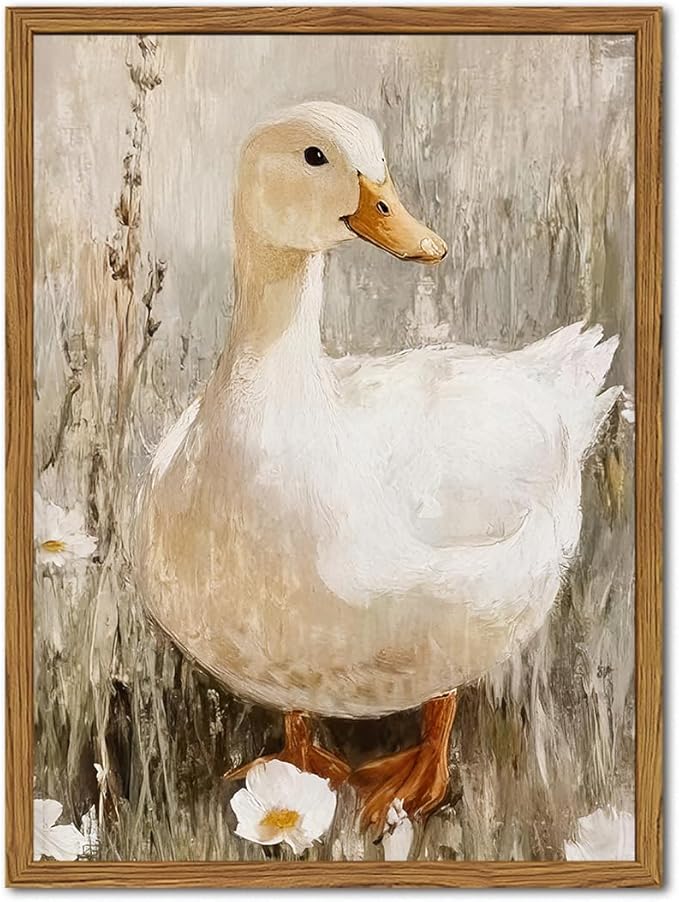 Framed Vintage Duck Canvas Wall Art, Cute Farmhouse Animal Pictures Wall Decor, Rustic Country Nature Paintings Prints Cottagecore Home Decor for Living Room Bedroom Bathroom 16x24 inch