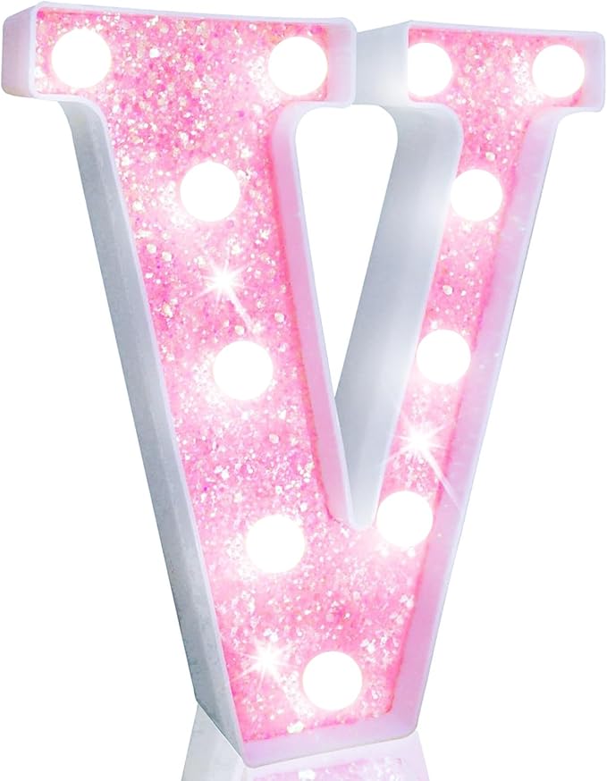 Pooqla LED Marquee Letter Lights, Light Up Pink Letters Glitter Letter Sign for Girls Gifts, Battery Powered for Night Light Birthday Party Wedding Home Bar Christmas Decoration, Cool White Pink V
