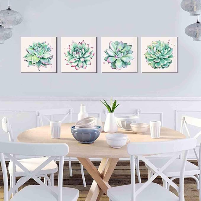 YOOOAHU Home Wall Art Decor Succulent Plants Simple Life Canvas Paintings Posters Prints 16" x 16" 4 Pieces Watercolor Hand-Drawn Green Leaf Framed Nature Pictures for Living Room Kitchen Decorations