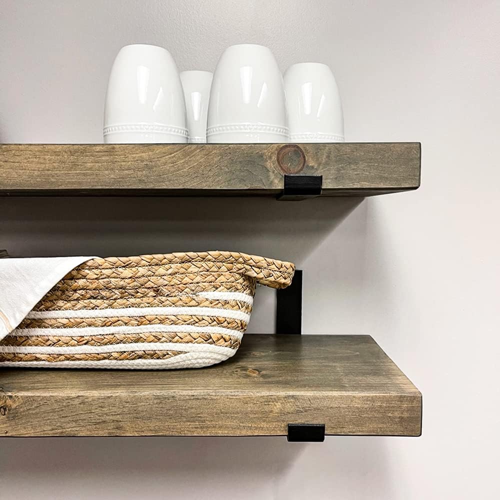 Rustic Shelves with J-Brackets Set of 2, Industrial Shelf, Kitchen Shelves, Solid Wood, Decorative Wall Storage, Heavy Duty, URBANDI (Grey, 24Wx8D)