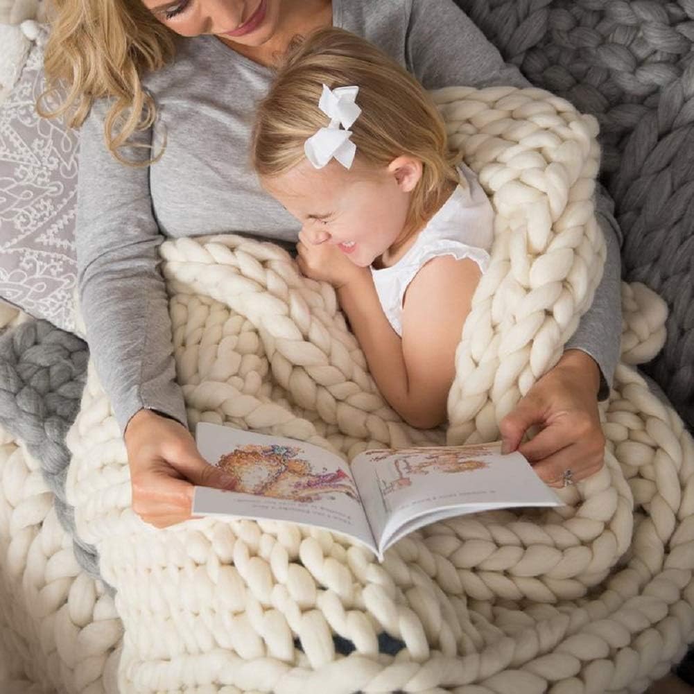 Chunky Knit Blanket Hand Made Merino Wool Throw Boho Bedroom Sofa Home Decor Giant Yarn(Ivory White 60"x80")