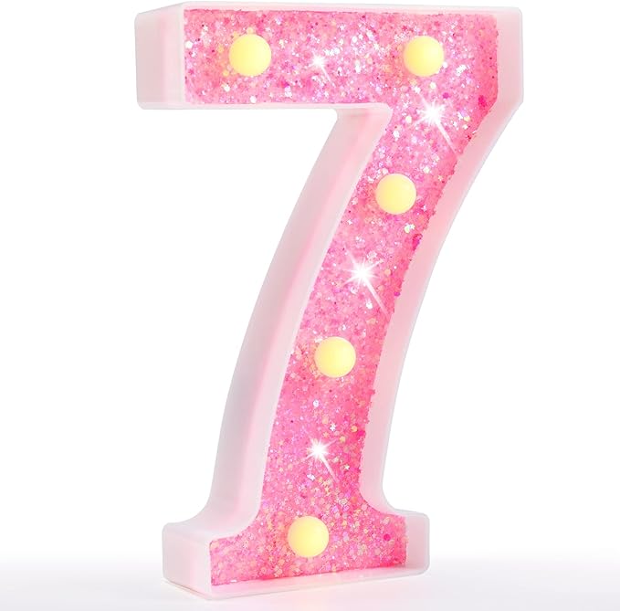 Pooqla Marquee Numbers, Pink Light Up Numbers for Girls 7th 17th Birthday, Battery Powered Glitter Number Night Light Gift for Christmas Bedroom Dorm Classroom Party Decoration, Pink Number 7