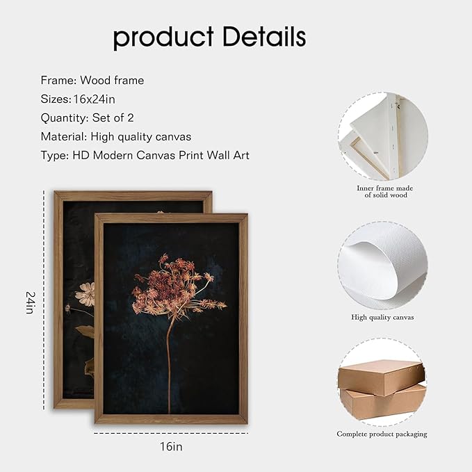 2Pcs Framed Vintage Wall Art Prints, Retro Moody Floral Botanical Canvas Painting Farmhouse Decor, Black Dark Flower Picture Poster for Bathroom, Bedroom, Living Room, Gallery 16X24In