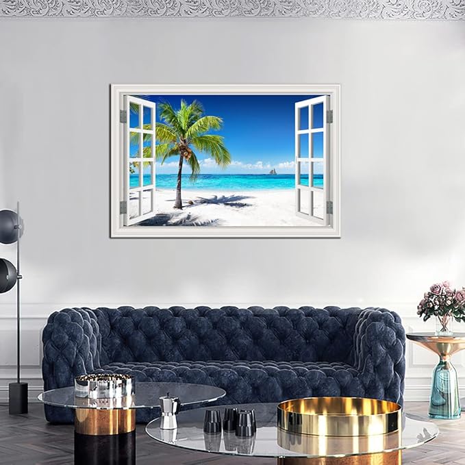 Beach Pictures Wall Art Decor for Living Room Blue Ocean Painting for Bedroom White Window Frame Style Palm Trees Canvas Wall Blue Coastal Landscape Artwork for Bathroom Home Office Decorations, Ready to Hang (24*36, Beach Palm Trees Wall Art)