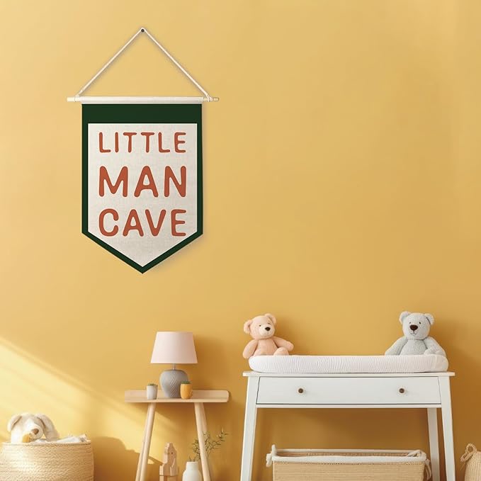 Qpenm Little Man Cave Hanging Wall Canvas Banner,Kids Room Hanging Pennant Flag Prints,Nursery Hanging Wall Canvas Banner,Nursery Wall Art Decor,Baby Boy Nursery Decor