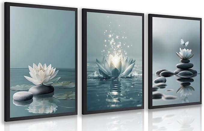 GELDSTEI Calm Zen Botanical Canvas Wall Art, White Lotus Blooming on Stones in Water Aesthetic Pictures, Yoga Spa Meditation Room Decor, Modern Spiritual Poster Prints for Zen Wood Framed Set of 3, Each 12x16 Inch