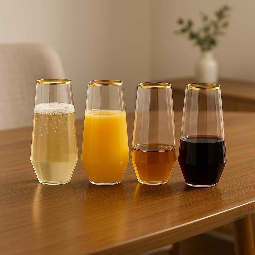 48 Pack Diamond Unbreakable Stemless Plastic Wine Stemless Toasting coacktail Glasses, Durable 9 Oz BPA-Free Disposable Champagne Flutes for Weddings, Bars, Events, and Celebrations (Diamond Gold Rim)