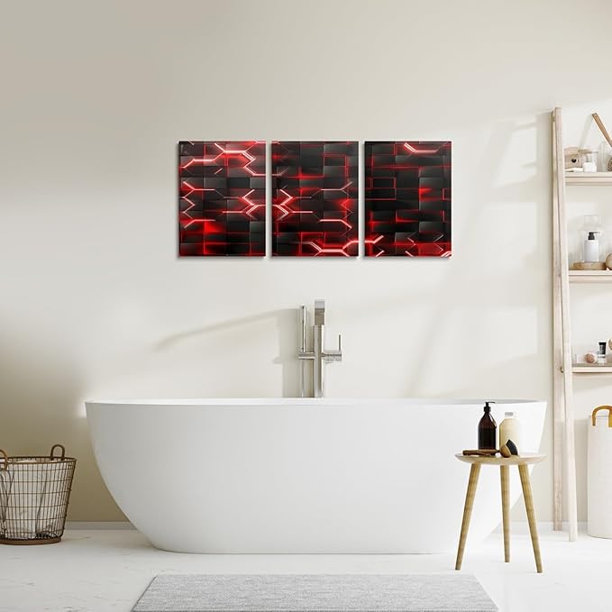 Feelyou Red and Black Picture Wall Decor 12"x16" 3 Piece Honeycomb Canvas Wall Art Decor Hexagon Theme Office Decorations Artwork Posters Geometrical Beehive Painting