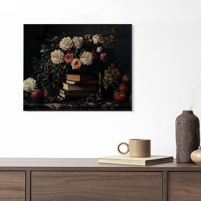 Vintage Books Flowers Wall Art Decor Dark Academia Canvas Print Poster Aesthetic Framed Painting Wall Decorations for Home Farmhouse Living Room Decor 8x10 Inch