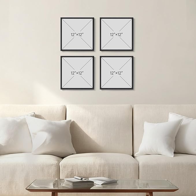 Framed Abstract Neutral Wall Art Set, 4 Piece Black White Gray Minimalist Square Canvas Prints with Brown Accents, Modern Wall Art for Living Room Bedroom Entryway Office Decor, 12x12 Inch