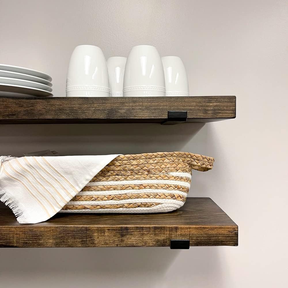 Rustic Shelves with J-Brackets Set of 2, Industrial Shelf, Kitchen Shelves, Solid Wood, Decorative Wall Storage, Heavy Duty, URBANDI (Dark Brown, 36Wx12D)