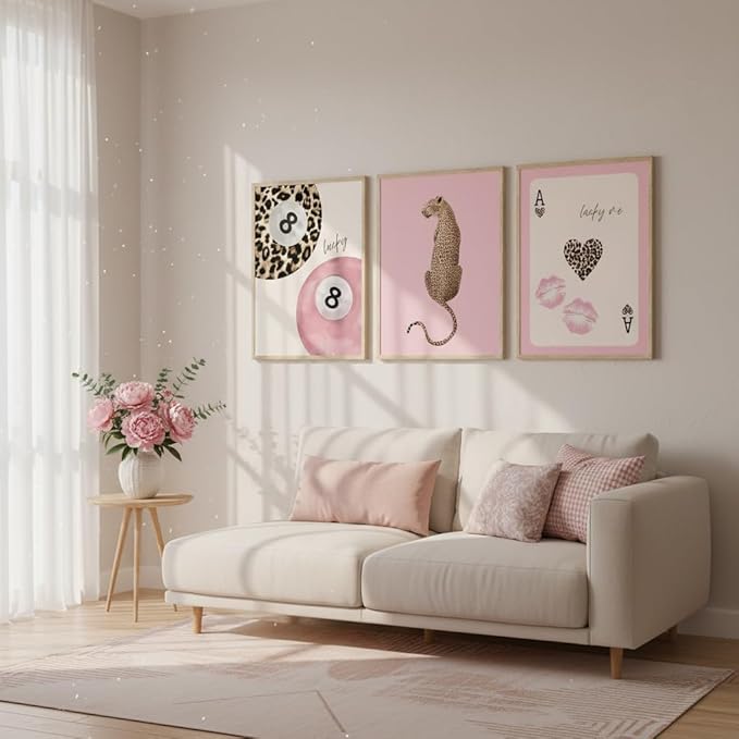 3 Pcs Trendy Pink Preppy Leopard Wall Art Lucky 8 Ball Playing Card Painting Picture Wall Decor Pink Coquette Funky Cheetah Poster Print Artwork for Girls Bedroom Living Room Apartment Home Decoration
