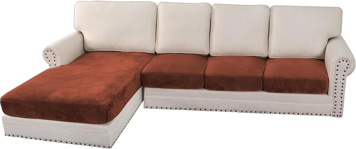 H.VERSAILTEX Velvet Stretch Sectional Couch Covers 4 Pieces Sofa Seat Cushion Covers L Shape Separate Cushion Couch Cover for Both Left/Right Sectional Couch (Large Sofa 3 Seater + 1 Chaise, Rust)