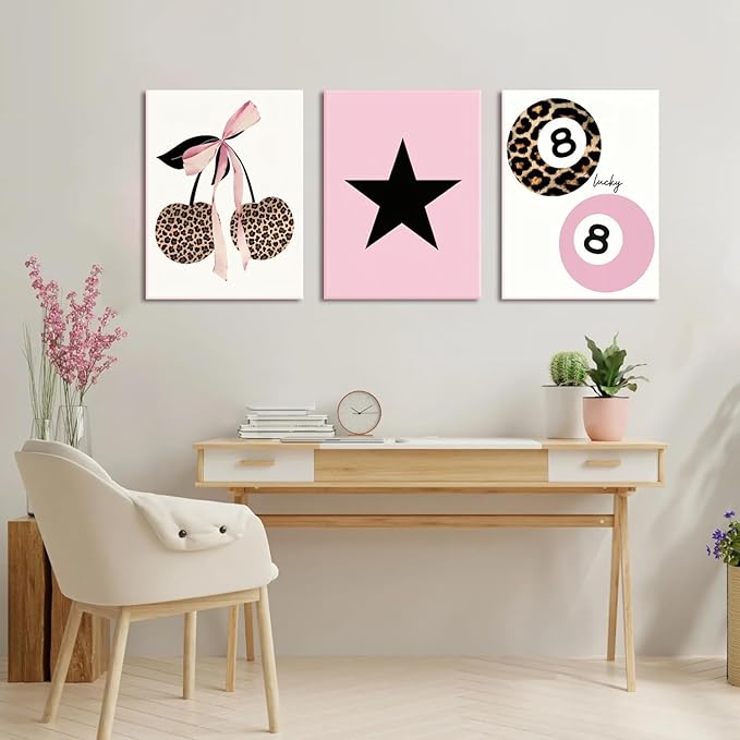Trendy Pink Leopard Bow Canvas Wall Art Set of 3 Funky Cherry Lucky 8 Ball Posters Prints Wall Decor Cute Coquette Preppy Aesthetic Pictures for Girls Bedroom Dorm Apartment 16x24 In Framed