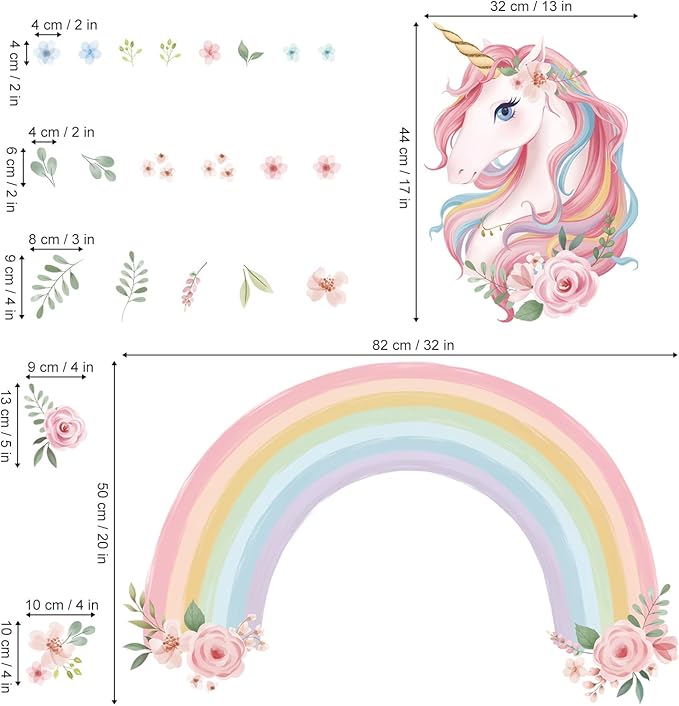 wondever Large Rainbow Wall Decals Unicorn Flower Peel and Stick Wall Art Stickers for Girls Bedroom Kids Room Baby Nursery