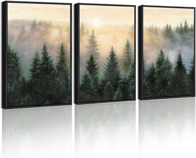 Drsoum Green Fog Pine Tree Landscape Wall Art Framed Nature Misty Nordic Forests Prints Morden Farmhouse Rustic Artwork Hallway Bedroom Ready to Hang 11x14in Black Framed