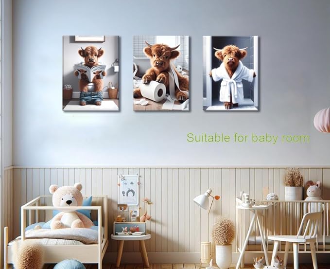 Highland Cow Funny Bathroom Wall Art Set of 3 Brown Cute Cow Animal Canvas Posters Prints Vintage Rustic Farmhouse Home Pictures Wall Decor Painting for Bathroom Restroom 16x24Inch Framed