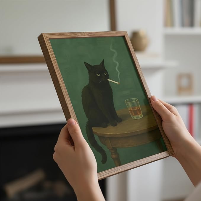 Funny Black Cat Wall Art Framed Vintage Moody Cat Canvas Prints Wall Decor Whimsical Cool Animal Paintings Pictures for Living Room Bedroom Bathroom Bar 8x10in