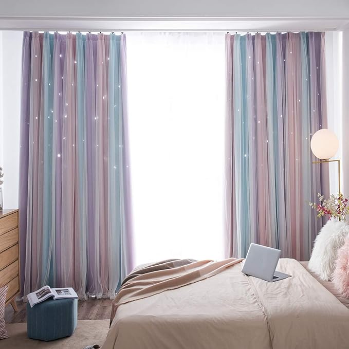 UNISTAR 2 Panels Blackout Stars Curtains for Kids Girls Bedroom Aesthetic Living Room Decor Colorful Double Layer Star Cut Out Stripe Pink Rainbow Window Wall Home Decoration Curtain,W52 x L84 Inches