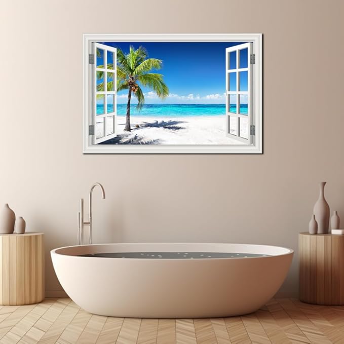 Ocean Wall Art Beach Picture for Living Room White Window Frame Style Palm Tree Art Print on Canvas Large Blue Sea View Painting Artwork for Bedroom Home Office Decoration, Ready to Hang(32"×48")